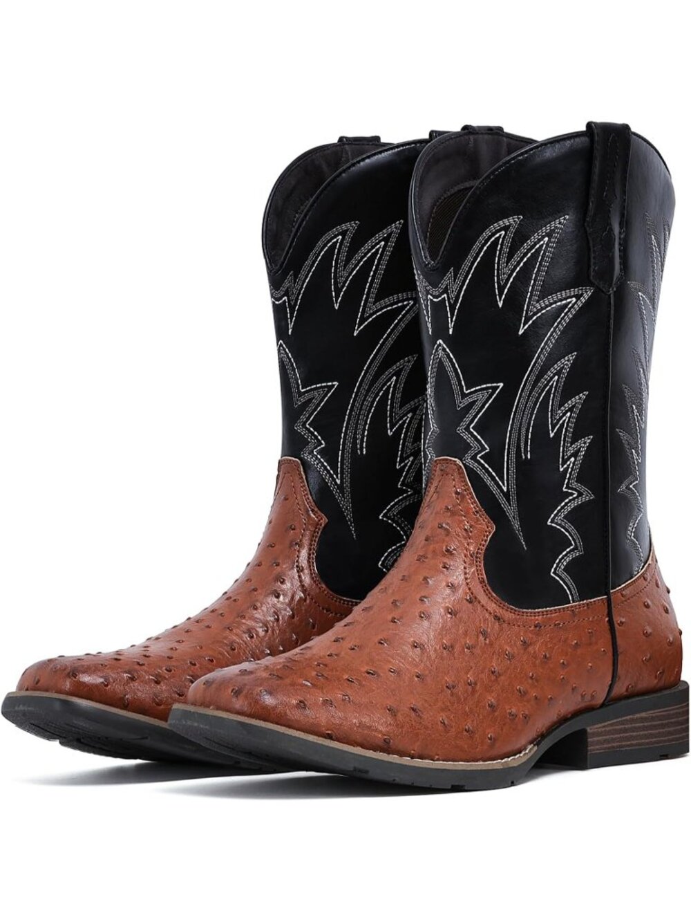 🆕Men's Brown Black Cowboy Boots Western Ostrich Wide Embroidered Pull On